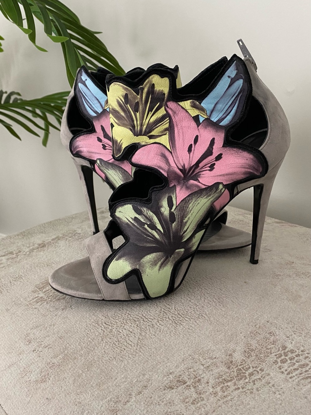 Pierre Hardy Gray Suede Heels with Pink, Yellow & Blue Floral Appliqués
